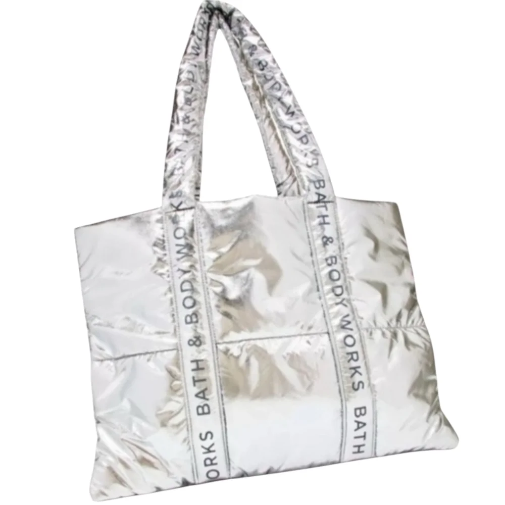 Metallic Puffer Tote In Silver - Bath & Body Works Bag - NWT Large - Picture 2 of 4